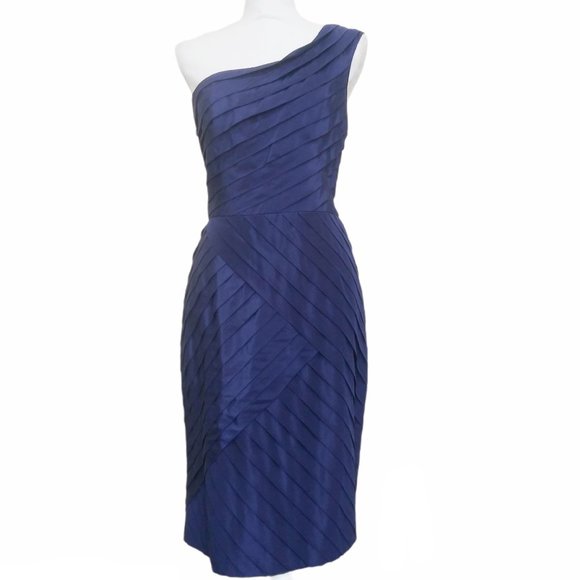 Lela Rose Blue Silk One Shoulder Cocktail Dress 8 - Picture 1 of 6